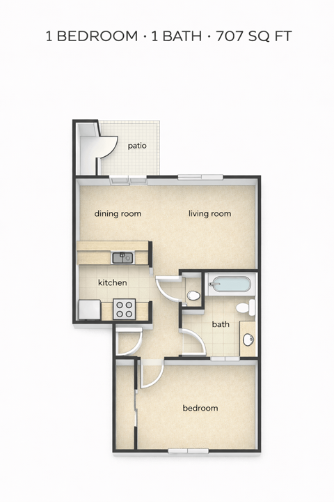 Floor plan for 1 bed, 1 bath, 707 sqft